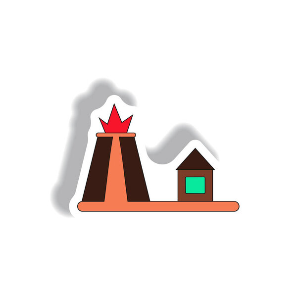 Vector illustration in paper sticker style volcano explosion and house