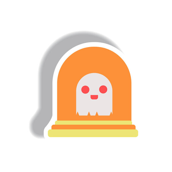 Vector illustration paper sticker Halloween icon grave monument and ghost