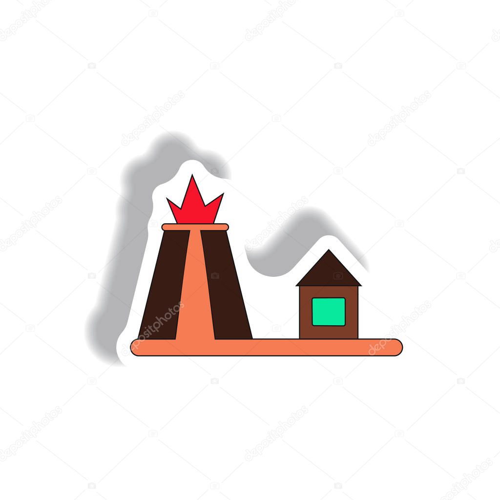 Vector illustration in paper sticker style volcano explosion and house
