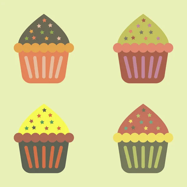 Cupcakes Επίπεδη Στυλ Στο Ανοιχτό Πράσινο Φόντο — Διανυσματικό Αρχείο