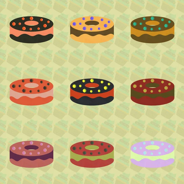 Ícones Vetoriais Donut Definido Estilo Plano Fundo Verde Claro — Vetor de Stock
