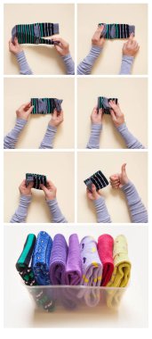 Giyim depolama. Dolabın içinde sipariş. Çorap katlanır. Master Clas