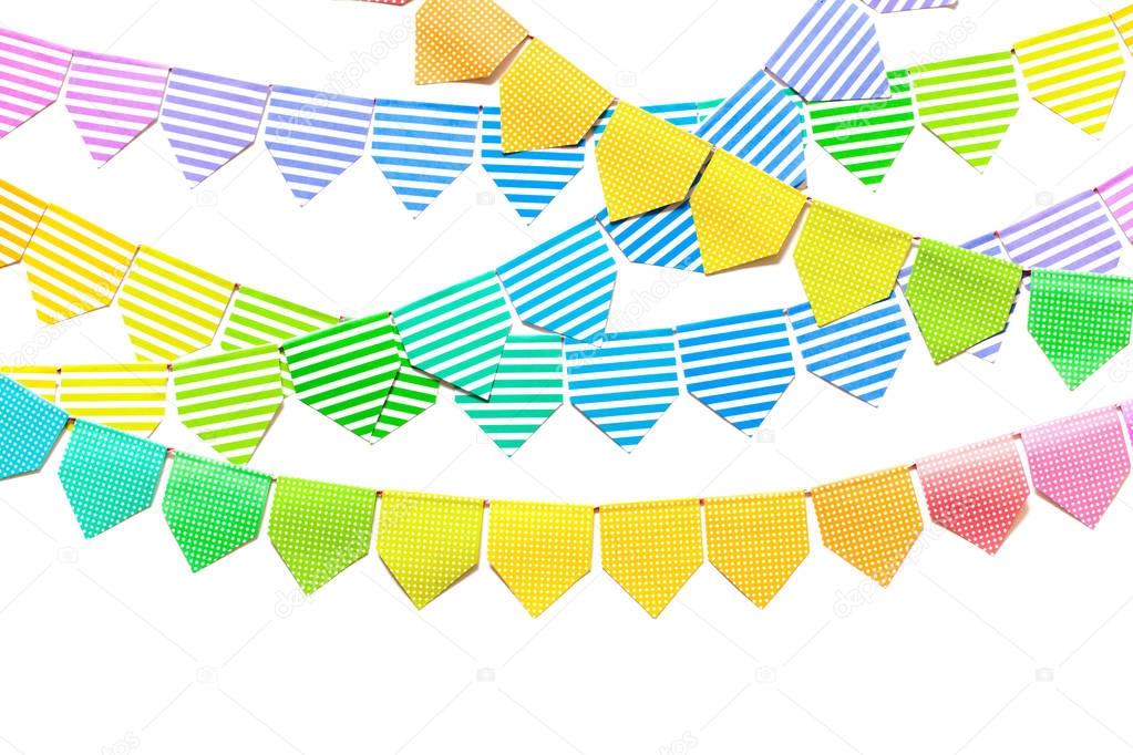 Colored flags garland. White background.