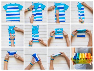 T-shirt katlama. Japon sistemdeki şeyler tutma. Mast