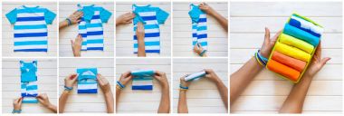 T-shirt katlama. Japon sistemdeki şeyler tutma. Mast