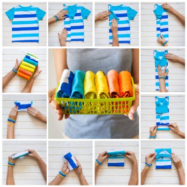 T-shirt katlama. Japon sistemdeki şeyler tutma. Mast