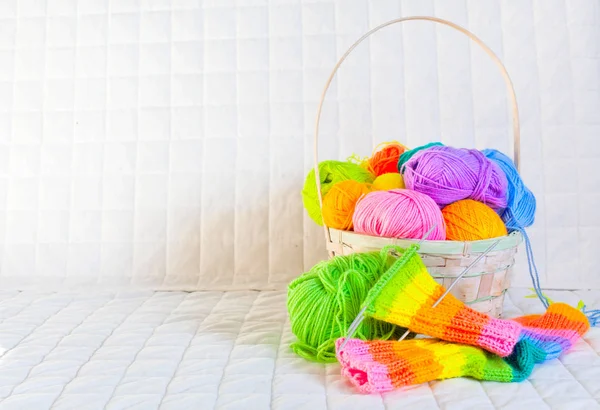 Closeup of basket with colorful yarn clews. Concept of freelance — Stock Photo, Image