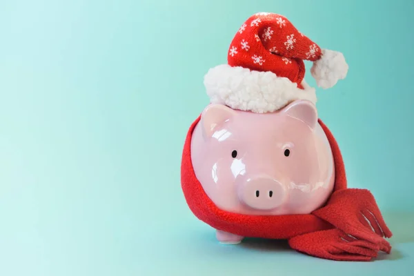 Sparschwein mit Weihnachtsmannmütze - Familie spart Geld für Weihnachtsmann — Stockfoto