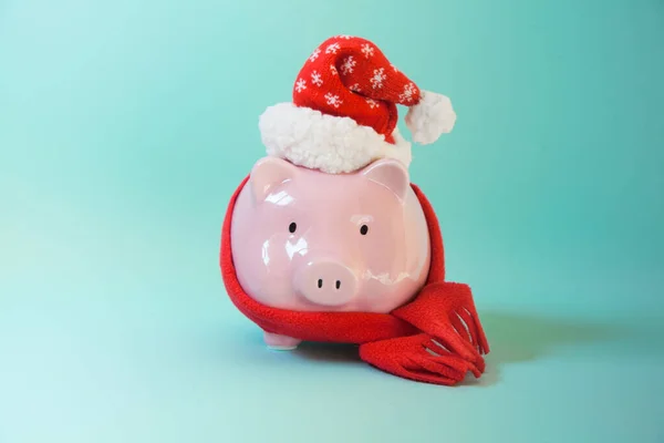 Prasátko banka nosí malý Santa klobouk - Rodina šetří peníze pro Ch — Stock fotografie