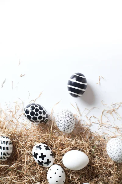 Close Beautiful Eggs Different Sizes Painted Golden Black White Geometric — Stock Photo, Image