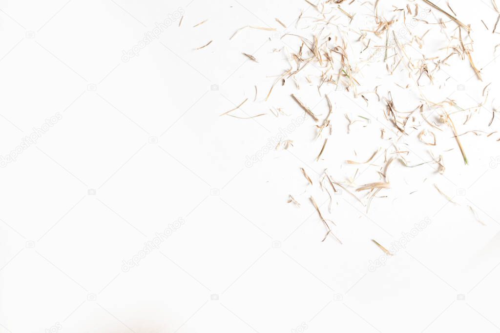 Top view of an iron mesh basket with a nest of hay with gold and broze large and small eggs on a white isolated background. Easter poster concept. Advertising space