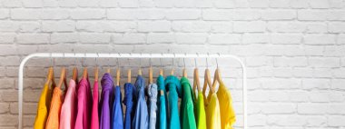Kadın kıyafetleri tişörtleri ve bluzları beyaz tuğla duvara karşı gökkuşağının tüm renklerini sırasıyla tahta omuzlara asar. Gardıroptaki konsept güncellemesi. Reklam alanı