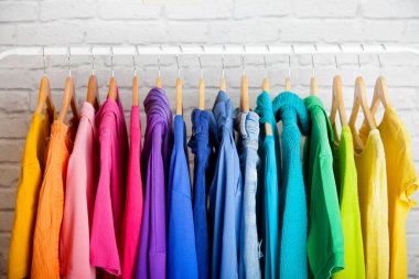 Kadın kıyafetleri tişörtleri ve bluzları beyaz tuğla duvara karşı gökkuşağının tüm renklerini sırasıyla tahta omuzlara asar. Gardıroptaki konsept güncellemesi. Reklam alanı