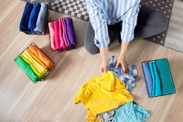 Top View Young Woman Casual Clothes Stacks Things Sorting Them — Stock Photo, Image