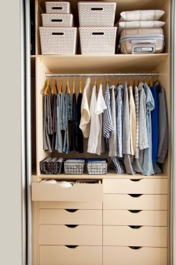 Elbiseleri mavi renkte ve güneş gözlükleriyle donatılmış bir gardırop. Evdeki organizatörler ve temizlik kavramı