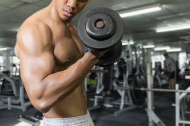 Fitness erkekte egzersizleri dumbbells ile spor salonunda gösterilen eğitim,