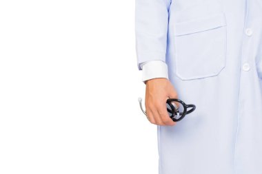 Beyaz arka planda steteskobu olan portre doktoru, tıbbi konsept.