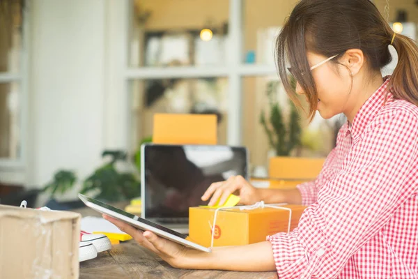 Mutlu kadın akıllı telefondan siparişi kontrol ediyor, evde internet işi, iş sahibi konsepti