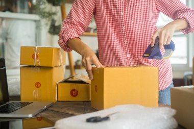 Mutlu kadın paketleme ürünü ev, online iş konsepti, iş sahibi konsepti