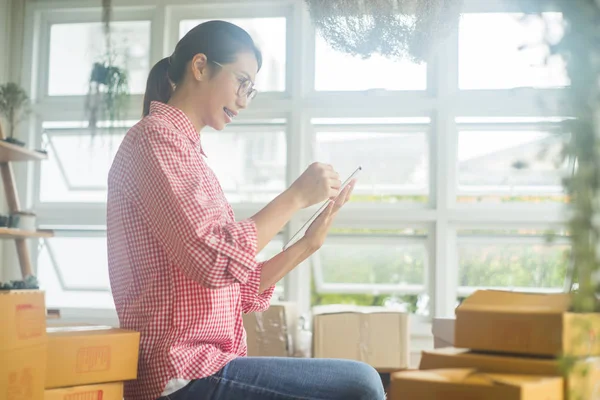 Ofiste gülümseyen mutlu kadın portresi, online iş konsepti, iş sahibi konsepti