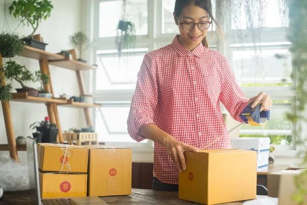 Mutlu Kadın Paketleme Ürünü Online Konsepti Sahibi Konsepti — Stok fotoğraf