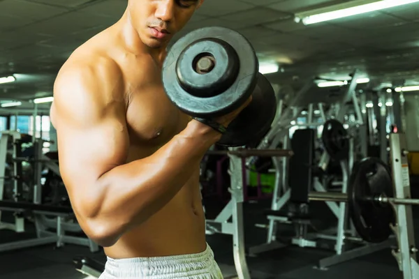 Fitness Άνθρωπος Στην Κατάρτιση Δείχνει Ασκήσεις Αλτήρες Στο Γυμναστήριο Fitness — Φωτογραφία Αρχείου