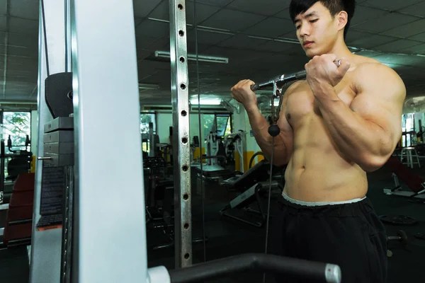 Homem Fitness Treinamento Mostrando Exercícios Com Máquina Exercício Ginásio Conceito — Fotografia de Stock