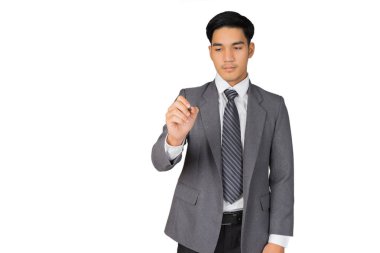 Beyaz arkaplanda beyaz ekran üzerine iş adamı yazısı, iş konsepti