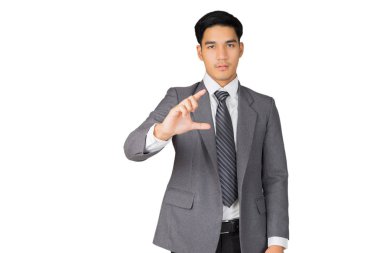 Beyaz arkaplanda beyaz ekran üzerine iş adamı yazısı, iş konsepti