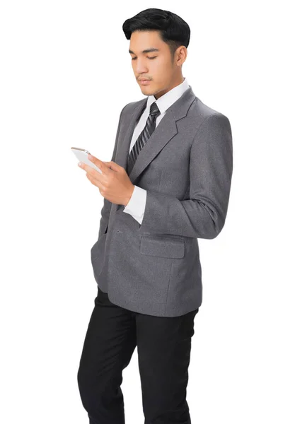 Hombre Negocios Que Trabaja Con Teléfono Inteligente Sobre Fondo Blanco — Foto de Stock
