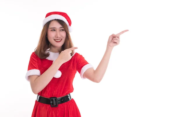 Mulher Feliz Vestindo Vestido Papai Noel Fundo Branco Conceito Natal — Fotografia de Stock