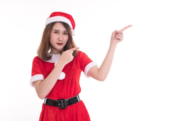 Mulher Feliz Vestindo Vestido Papai Noel Fundo Branco Conceito Natal — Fotografia de Stock
