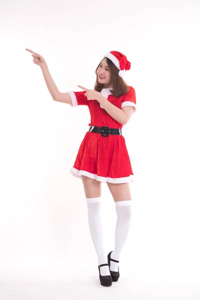 Felice Donna Che Indossa Vestito Babbo Natale Sfondo Bianco Concetto — Foto Stock