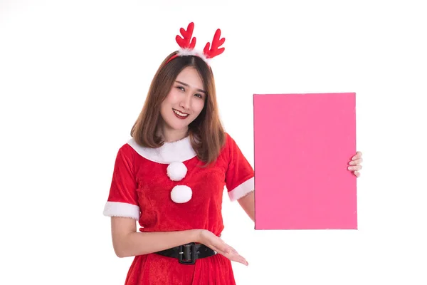 Щаслива Жінка Сукні Санта Клауса Білому Тлі Концепція Різдва — стокове фото