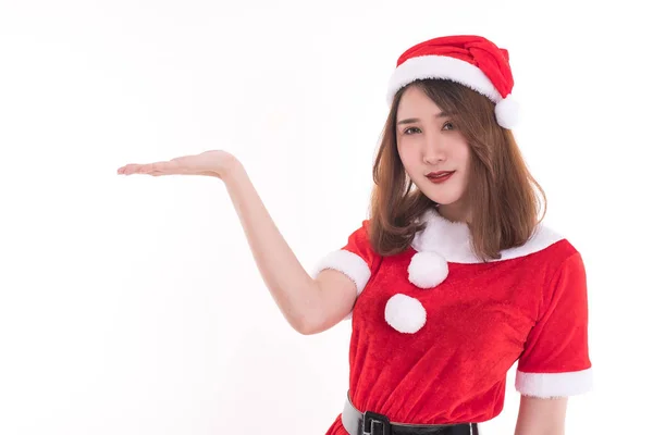 Felice Donna Che Indossa Vestito Babbo Natale Sfondo Bianco Concetto — Foto Stock