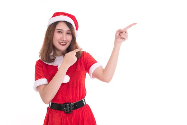 Glückliche Frau Weihnachtsmann Kleid Auf Weißem Hintergrund Weihnachtskonzept — Stockfoto