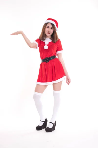 Mulher Feliz Vestindo Vestido Papai Noel Fundo Branco Conceito Natal — Fotografia de Stock