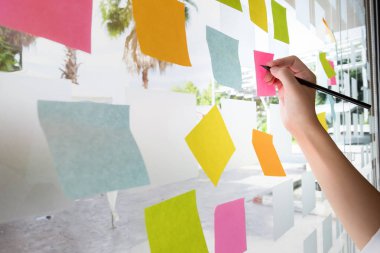 İş adamları toplantı odasındaki cam duvara notlar yapıştırıyor.