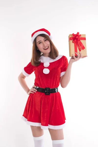 Χαρούμενη Γυναίκα Φορώντας Santa Claus Φόρεμα Λευκό Φόντο Χριστούγεννα Έννοια — Φωτογραφία Αρχείου