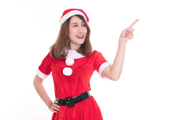 Felice Donna Che Indossa Vestito Babbo Natale Sfondo Bianco Concetto — Foto Stock