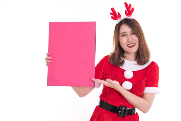 Mulher Feliz Vestindo Vestido Papai Noel Fundo Branco Conceito Natal — Fotografia de Stock