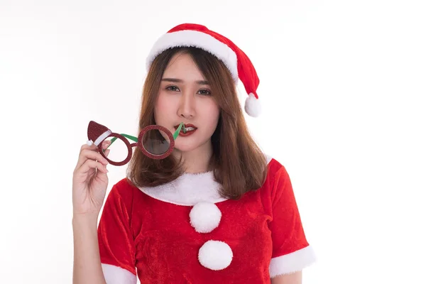 Mulher Feliz Vestindo Vestido Papai Noel Fundo Branco Conceito Natal — Fotografia de Stock