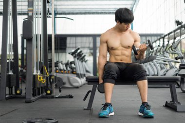 güçlü fitness adam kas vücut poz ve spor salonunda vücut geliştirmeci için egzersizler yapıyor, fitness kavramı, spor konsepti