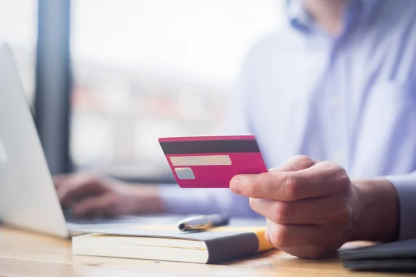 Man Holding Credit Card Using Laptop Smartphone Shopping Website Online — Stock Photo, Image