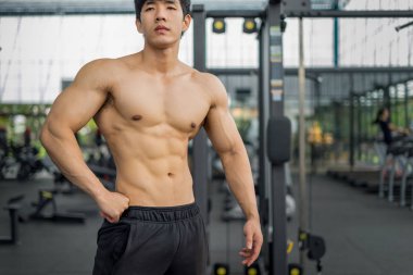 güçlü fitness adam kas vücut poz ve spor salonunda vücut geliştirmeci için egzersizler yapıyor, fitness kavramı, spor konsepti