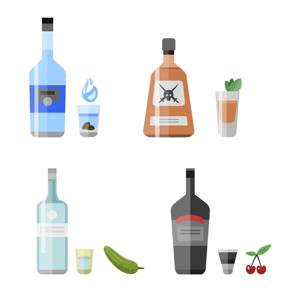 Conjunto de botellas de bebidas alcohólicas diferentes — Vector de stock