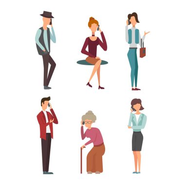 İnsanların telefon karakter illüstrasyon vektör.