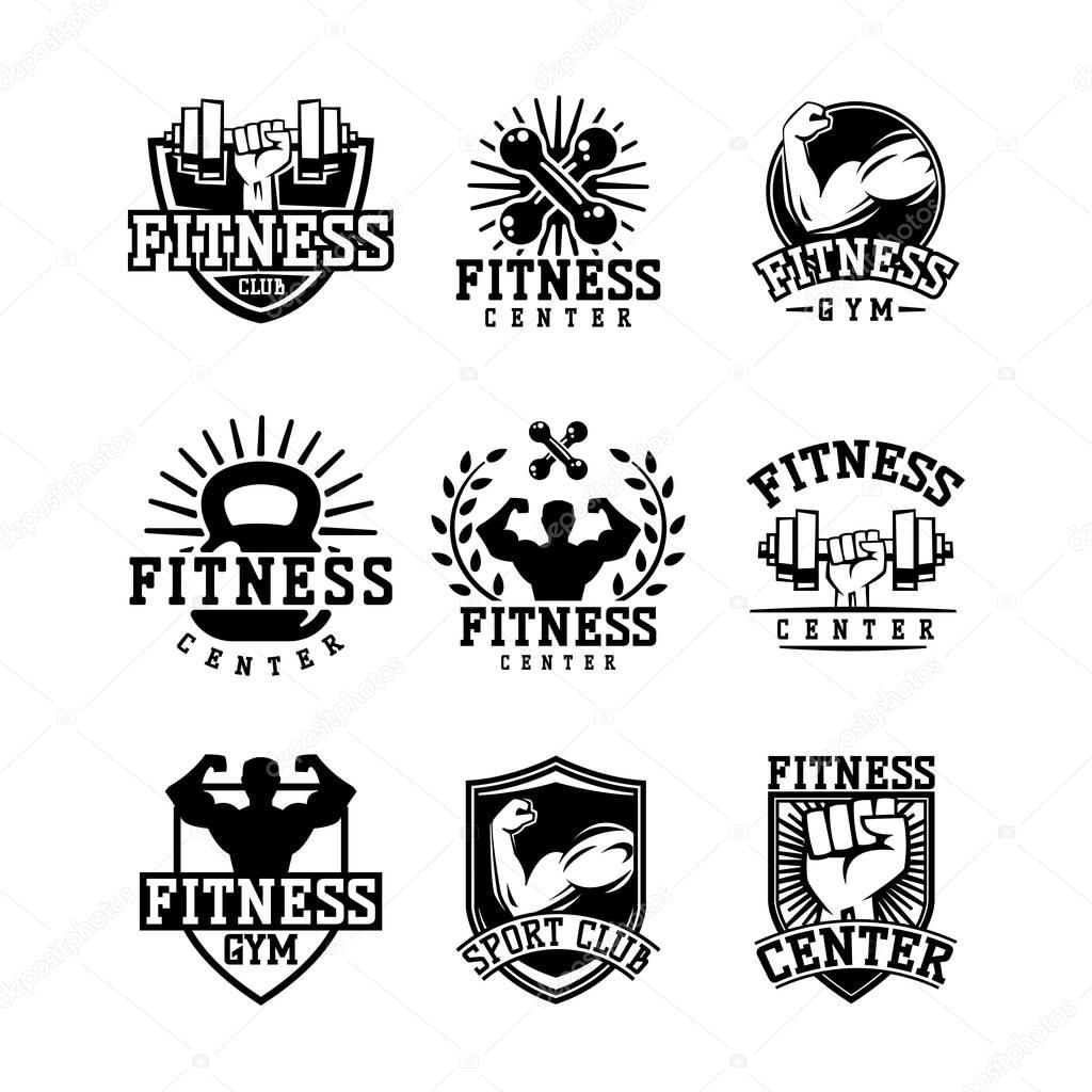 Gym fitness emblem, label, badge logo and design element. Gym fitness logo muscle body weight bodybuilding. Strong people club vector gym fitness logo icon badge