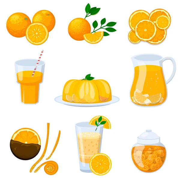 Ilustración de naranjas y productos naranjas — Vector de stock