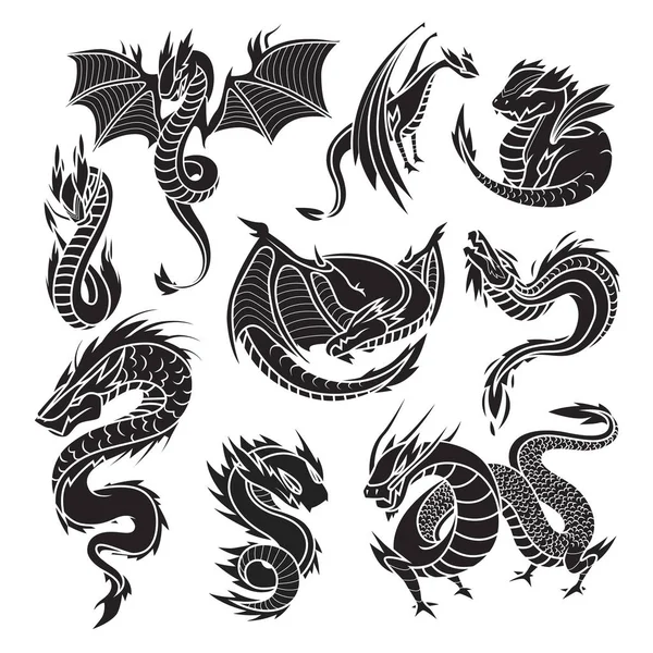 Siluetas de dragón chino sobre fondo blanco . — Vector de stock